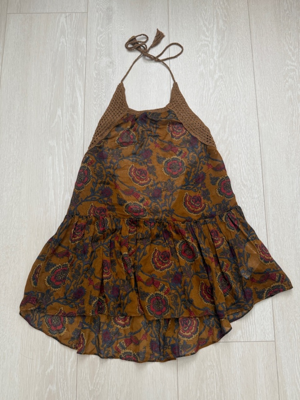 Zara Brown and Yellow Floral Patterned Tieable Halter Top with Crochet Accents 🐣